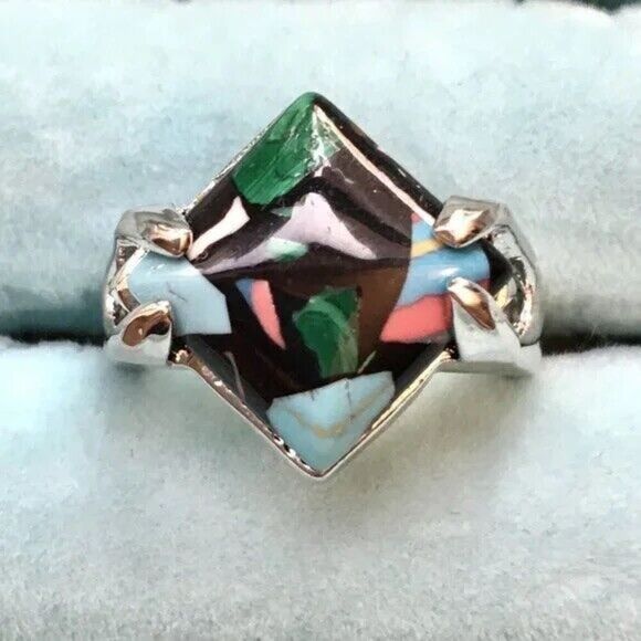 Silver Tone Fordite Ring Multicolor Imitation Stone Size 6.5 Paint Enamel Resin - Picture 6 of 8